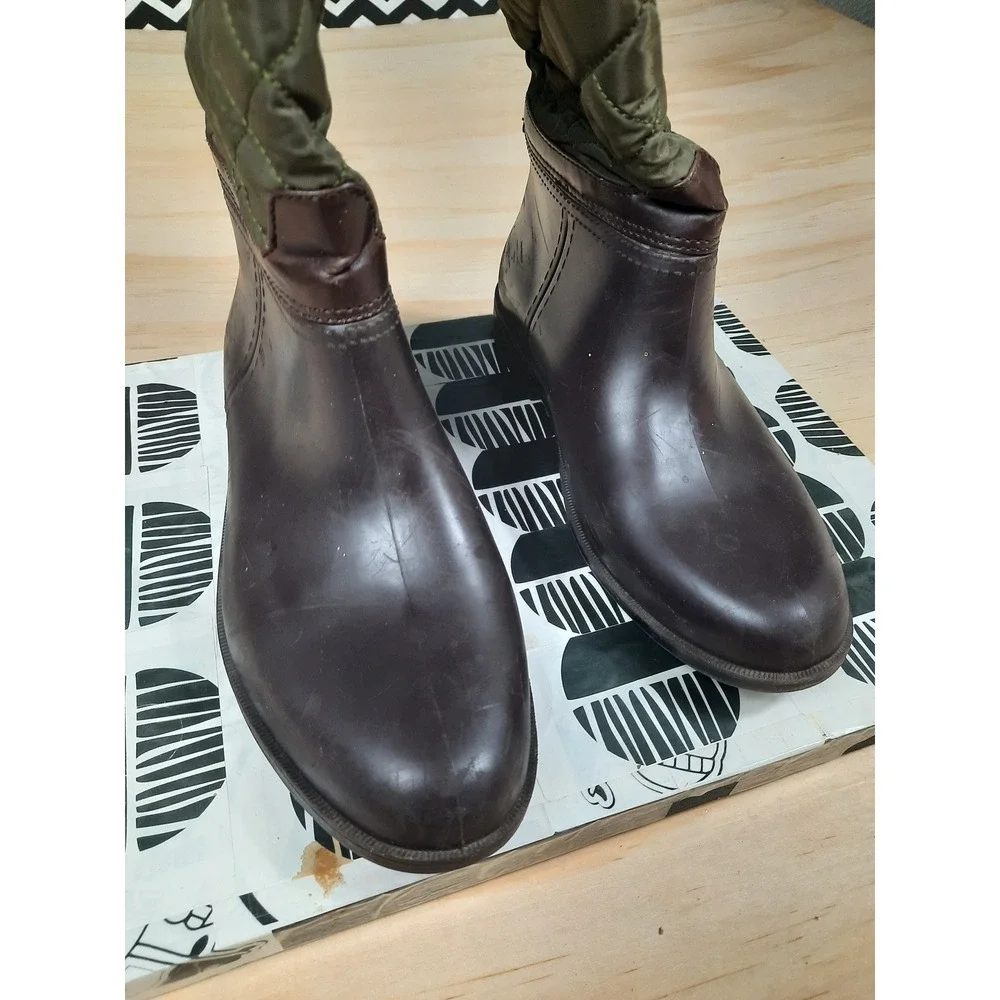 Cougar Storm Women Brown Olive‎ Green Quilted Tall Rubber Rain Boots Size 8